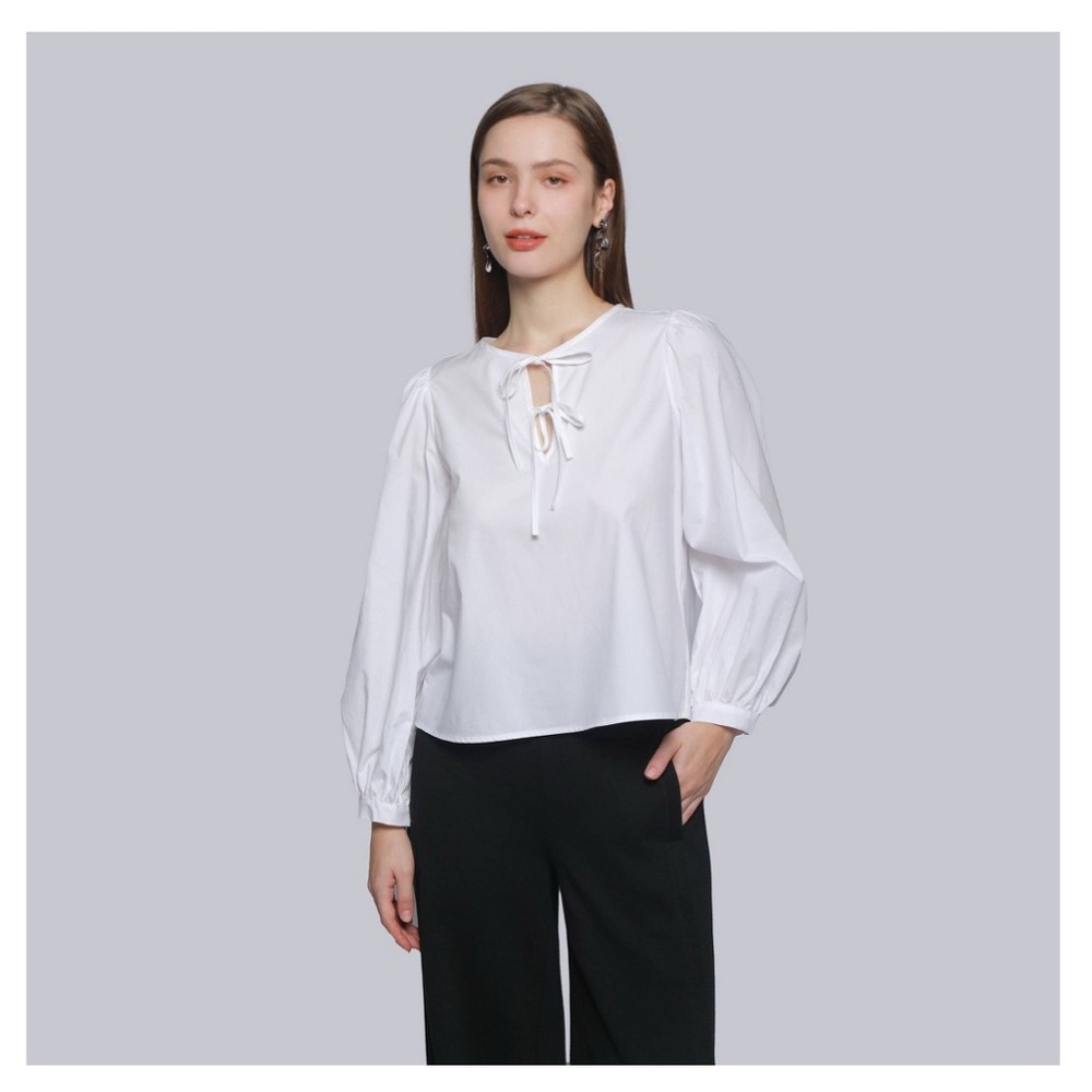 A New Day Elegant White Blouse with Bow Accent - Picture 1 of 2